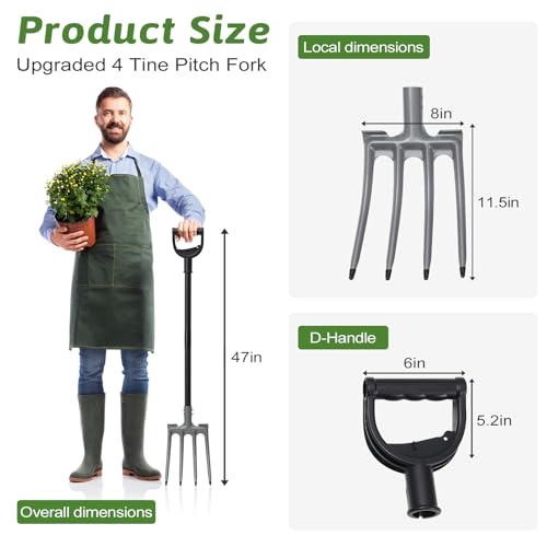 Gardening Pitchfork, 4-Tine Garden Fork 47” Heavy Duty Digging Manure Forks for Mulch Spreading Loosening Hay Potato Digging Composting Transplanting Aeration Farm Garden