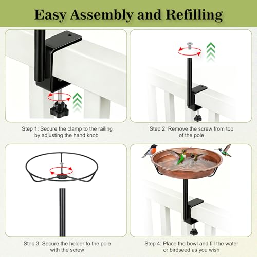 Gtongoko Deck Mounted Metal Bird Bath for Outside, 12 Inch Dia Weather-Resistant Birdbath Bowl for Balcony Fence Railing with Adjustable Clamp Outdoors - size: 12″ dia, 2″ depth bowl, deck