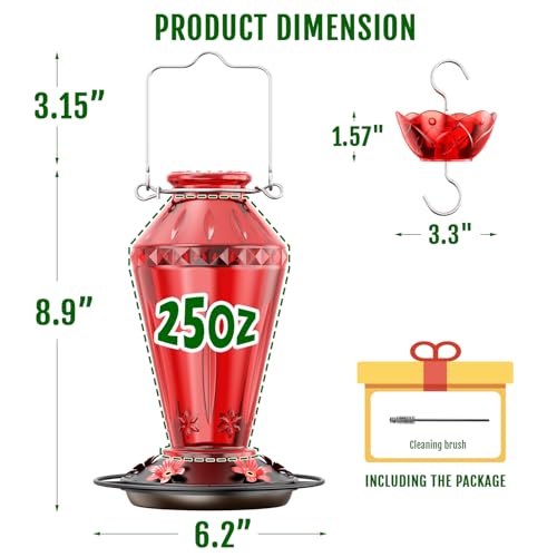 Birdream Hummingbird Feeders for Outdoors, 25oz Glass Hummingbird Feeder with Perch & 5 Bee Guard Feeding Ports, Leak Proof, Includes Ant Moat and Cleaning Brush, Gift for Women Mom, Red - color: Red