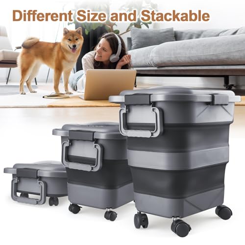 Dog Food Storage Container，2 Pack 25 lbs Airtight Collapsible Cat Food Storage Container with Attachable Wheels, Portable Handle, Dog Food Scoop for Dog Cat Bird Pet Dry Food Storage Bin Large - color: Dark Grey, size: Large 2 Pack