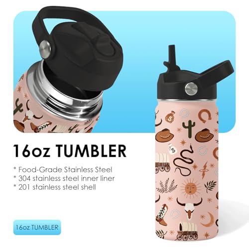 Western Cowboy Gifts - 16oz Kids Water Bottle with Straw Lid, Stainless Steel Insulated Tumbler, Leak Proof, BPA-Free, for Boys, School, Travel - Wild West Rodeo Cowgirl Kids Birthday Gifts Cups(1pc) - color: Cowboy1, size: 16 Ounces