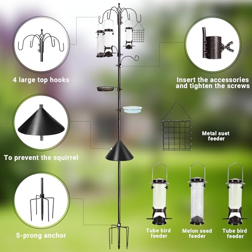 YINGYM 6-Hook Bird Feeding Station Kit with Squirrel Baffle, 94 Inch | Wild Bird Feeder Pole, Multi-Feeder Hanging Kit Stand with Bird Bath, Mesh Tray and Baffle Guard for Patio, Lawn & Garden - size: 94 Inches with Squirrel Baffle