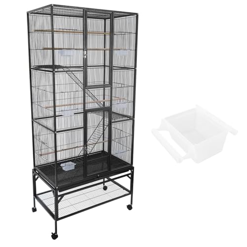 Wrought Iron Flight Cage Large Rolling Parrot Cage with Divided Breeding Function for Parrot Turtledove Oriole Cuckoo Budgie Parrotlet Comes with Slide Out Tray Lockable Door 4 Wooden Perches