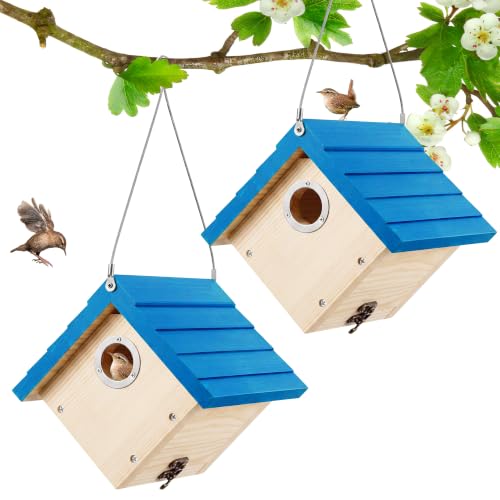 Dreyoo 2 Pack Wren House, 1-1/8'' Entrance Hole Hanging Wooden Wren Bird Houses for Outside with Metal Guard, Air Vents, Pine Wood for Chickadees (Blue,Wood Color) - color: Blue, Wood Color