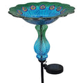 Blue Peacock Ground Stake Solar Bird Feeder for Outside,Bird Pond Outdoor Glass BirdBath with Metal Stake Garden Yard Outdoor, Garden Decoration Yard 32 inches
