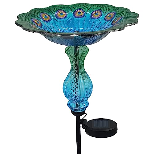 Blue Peacock Ground Stake Solar Bird Feeder for Outside,Bird Pond Outdoor Glass BirdBath with Metal Stake Garden Yard Outdoor, Garden Decoration Yard 32 inches