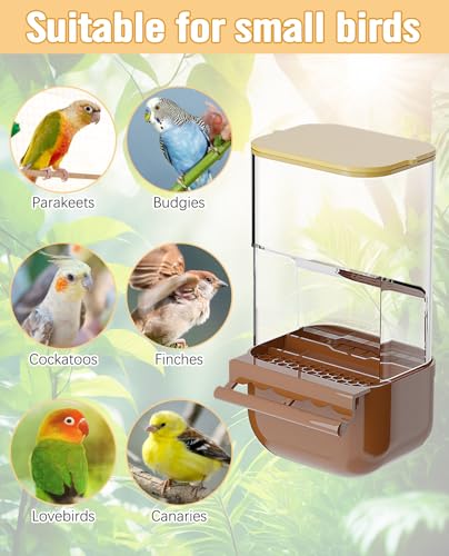 BNOSDM No Mess Bird Automatic Feeder Bird Cage Feeders Parrot Cage Accessories Transparent Seed Food Container with Perch for Finches, Parakeets, Budgies, Lovebirds, Cockatoos, Canaries (Brown) - color: Brown