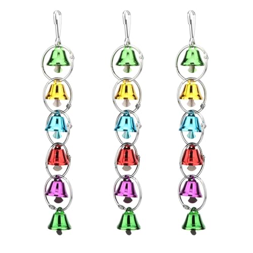 3Pcs Bird Bells Toy Chewing Hanging Ring Toy Cage Bite Colorful Bells Chandelier Parrot Cage Craft Toys for Pet Budgie Parakeet Cockatiel Macaw African Grey Lovebird Quaker Parrot