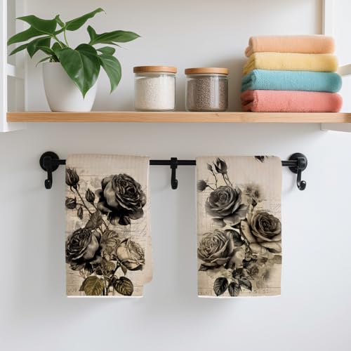 2 Pcs Vintage Black Rose Kitchen Towels, Dark Aesthetic Decorative Absorbent Microfiber Dish Cloth Tea Towel, Waffle Soft Hand Towels for Farmhouse Home Bathroom, Housewarming Gifts - color: Multi 0441