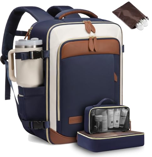 LOVEVOOK Travel Backpack for Women, 40L Carry On Backpack with 3 Packing Cubes,TSA Personal Item Travel Bag Airline Approved, Water Resistant Weekender Overnight Luggage Daypack, Fits 17 Inch Laptop - color: H-blue-beige-brown, size: Large - 17.3 Inch - 4