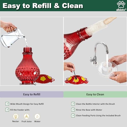 Glass Hummingbird Feeder for Outdoors Hanging, 20 oz Nectar Capacity, 6 Feeding Ports, Leak-Proof Rust-Free Plastic Base, Easy to Refill & Clean, Decorative Red Glass Bird Feeder for Garden Patio - color: Red, size: 20 Fluid Ounces