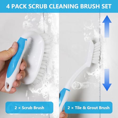 Scrub Brush Set, 4 Pack Deep Cleaning Brush Kit, Blue | 2 Scrub Brush, 2 Tile & Grout Brush with Built-in Scraper, Household Commercial Scrubber for Floor, Shower, Pool Wall, Tub - color: Blue