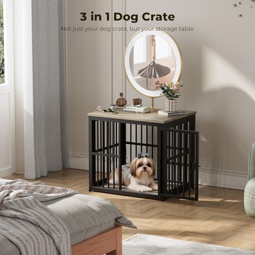 Lyromix 27'' Dog Crate Furniture with 3 Doors for Puppy Small Dogs | Wooden Kennel End Table, Heavy Duty Indoor Cage for Pug, Corgi, Boston, Multiple Units Can be Combined, Grey - color: Ancient gray, size: 26.9"L x 20.9"W x 24.0"H