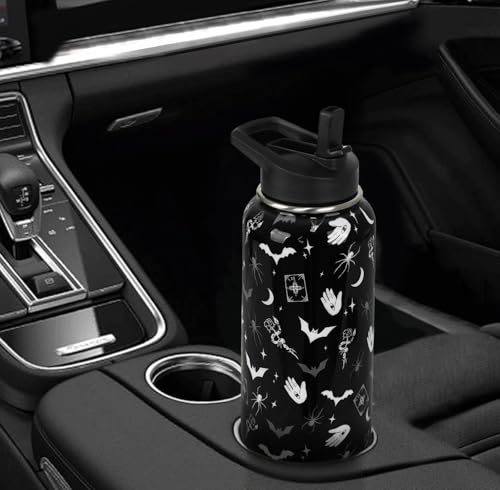 Goth Water Bottle with Straws Insulated Bottle Halloween Gothic Bats Travel Thermal Double Walled Vacuum Cup Leak Proof Stainless Steel Tumbler Witchy Decor Gifts-32 oz - color: Black