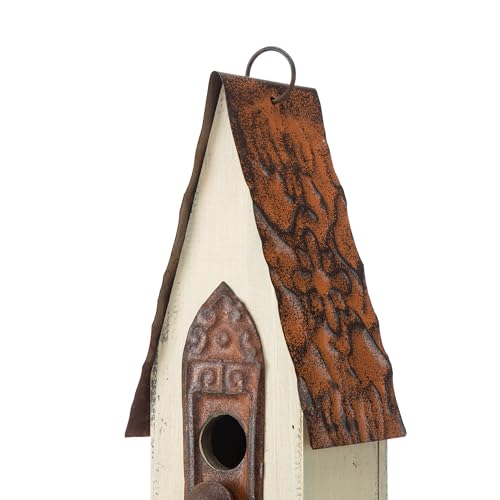Glitzhome 13.25" Hanging Birdhouse for Outside, Washed White Distressed Solid Wood - Spring Ready Nesting Box & Christmas Garden Gift Idea
