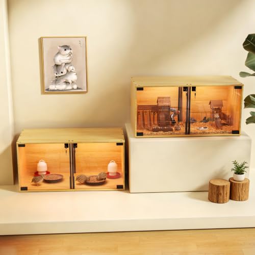 Chicken Brooder Box Lighted: Wooden Glass Hamster Cage with LED | Chewproof with Divider for Chicks Dwarf Syrian Hamster, Gerbil, Rats, Chicks, Ducks, Quails