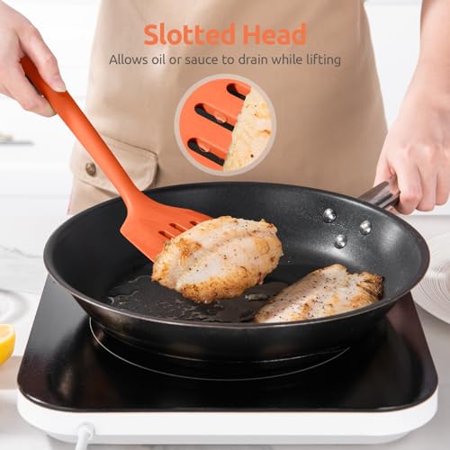 U-Taste Silicone Turner Spatula Set of 2, 13.6" Long/3.7" Wide, Orange | 600ºF Heat Resistant Food Grade Silicone Cooking Utensils Set, Wide Large Solid & Slotted Turner Pancake Egg Flipper - color: Orange