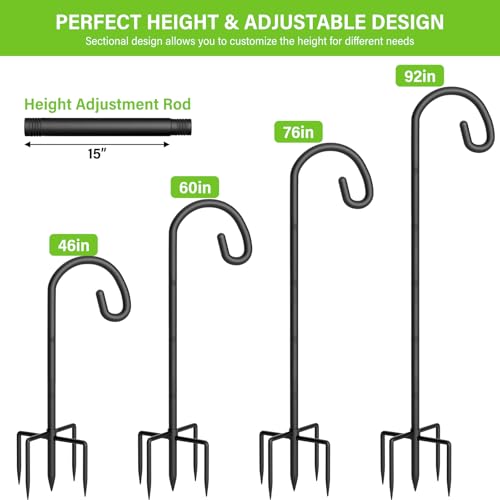 Shepherds Hook for Bird Feeder, 92" Heavy Duty Bird Feeder Pole with 5-Prong Base, Extra Thick Metal Shepherd Hook for Outdoor Hanging Plant Basket, Hummingbird Feeder, Solar Lantern, Black, 1 Pack - size: 92", style: 1 Pack