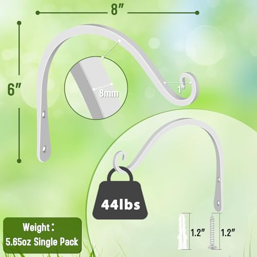 Heavy Duty Plant Hooks - 2 Pack 8 Inch Wall Mounted Hanging Brackets, 44lb Capacity Steel Plant Hangers for Bird Feeders, Baskets, Wind Chimes -White - color: White, size: 8 Inch