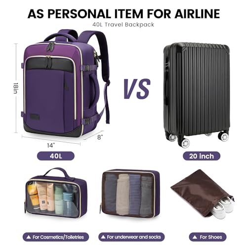 LOVEVOOK Travel Backpack for Women, 40L Carry On Backpack with 3 Packing Cubes,TSA Personal Item Travel Bag Airline Approved, Water Resistant Weekender Overnight Luggage Daypack, Fits 17 Inch Laptop - color: H-blue-purple-black, size: Large - 17.3 Inch -