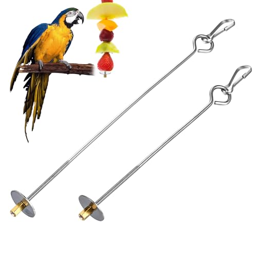 2PCS Bird Cage Food Holder with Hook, Stainless Steel Bird Feeder for Cage, Parrot Fruit Skewers, Bird Foraging Toys for Macaw Parakeet Parrot Budgie (2 Sizes)