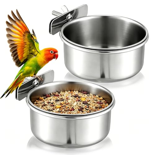 Yardwe Stainless Steel Bird Food Cup 2-Pack with Brackets for Parrots Finches Cockatiels Small Cage Feeders Durable Bird Food Bowls for Easy Feeding - size: 2PCS