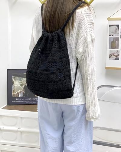 Lobagve Handmade Crochet Cotton Drawstring Backpack Boho Purse Leisure Daypack - color: Hollow Out-black