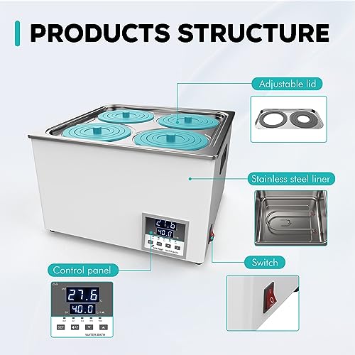 LAB FISH BHS-4 Lab Water Bath, 12L Digital Thermostatic Heater | 12L capacity, digital thermostat, precision heating, stainless steel tank, 4 openings, for lab sample warming & incubation - style: BHS-4(12L)