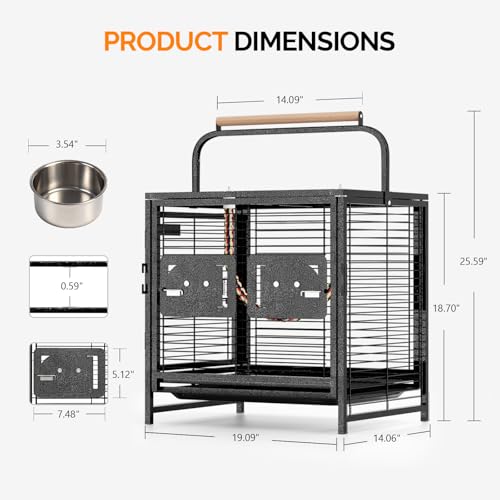 VINGLI Small Bird Cage, 19 inch Travel Carrier Bird Cage with Handle, Wrought Iron Parakeet Cage with Wooden Perch for Parrot Lovebirds Finches Small/Medium Birds (Hammertone Black) - color: Hammertone Black