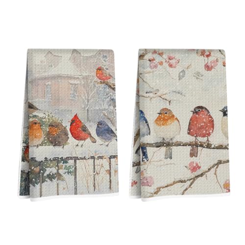 2 Pcs Vibrant Bird Kitchen Towels Winter Scene Decorative Hand Towels | Waffle Soft Tea Towel for Farmhouse, Bathroom, Absorbent Microfiber Dish Cloth, Bird Gifts for Women, Friend - color: Multi 1253