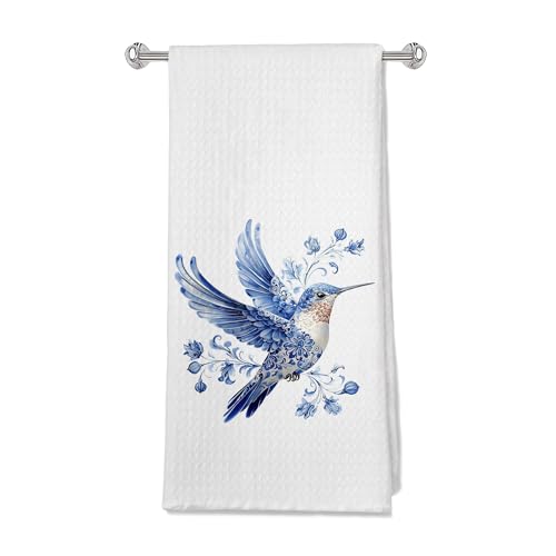 Blue and White Floral Hummingbird Kitchen Towels, Chinoiserie Spring Flower Bird Dish Tea Towels for Kitchen, Country Grandmillennial Birding Decorative Hand Towel for Bathroom, 16x24 Inches - color: Color 24
