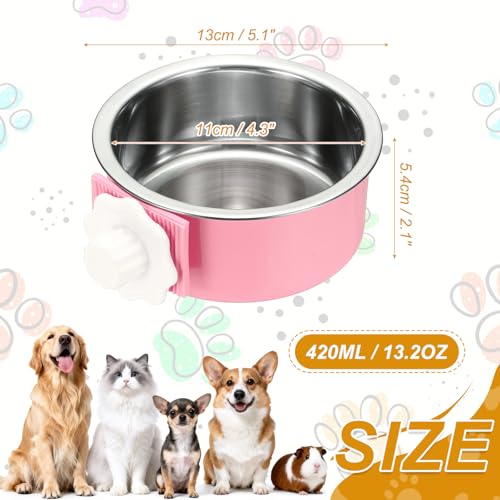 Crate Dog Bowl, Removable Stainless Steel Pet Cage Hanging Anti-Overturn Food Water Feeder Cage Cup (Round, Pink, 13.2oz), Intended for Puppies/Cat/Rabbit/Bird - color: Pink, size: 5.1"(13.2oz)