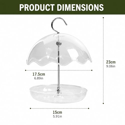 Hanging Platform Bird Feeder with Rain Shield Outdoor Feeder with Detachable Tray and 6.7” Clear Dome Rodent-Resistant Wild for Backyard, Garden, Balcony