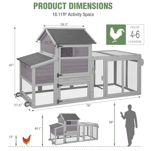 Mobile Chicken Coop with Wheels for 4-6 Chickens, Large Outdoor Hen House with Run, Weatherproof Asphalt Roof, Sectionable Nesting Box, Pull-Out Tray, 78" L x 27.6" W x 45" H - Grey - size: 78.0"L x 27.6"W x 45.0"H