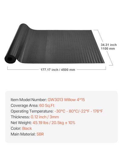 VEVOR Rubber Flooring Roll, 4 x 15 ft SBR Diamond-Plate Rubber Mat, 3mm Thickened, Easy to Clean, Customizable Size, Non-Slip Floor Protector Mat for Under Cars, Garage, Warehouse, Industry Gym, Black - size: 182.1"L x 48.7"W x 0.1"Th