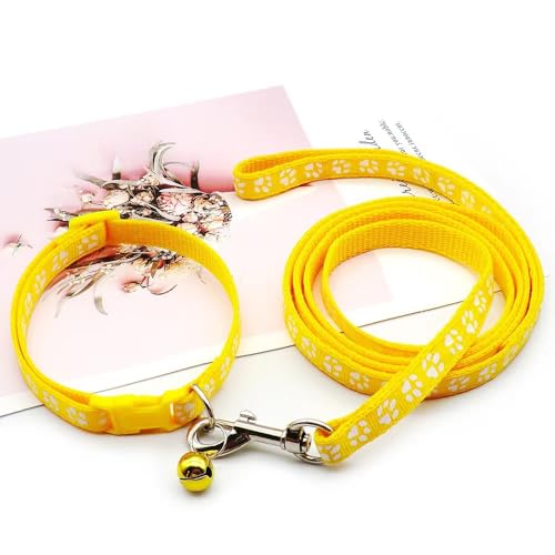 Puppy Dog Collar Leash Set with Bell, Cat Kitten Collars Yellow XXS XS | Paw Print Reflective Dog Collar Leash Set with Bell, Basic Nylon Boy Girls Pet Collar Adjustable For XXS XS S Tiny Puppies - color: yellow