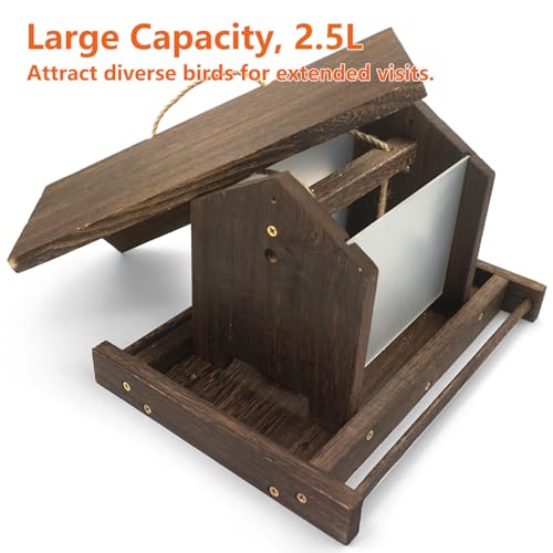 Wooden Bird Feeder Large Capacity Wood Birdfeeder for Feeding Outside Garden Wild Finches Robin Sparrow Blue Jay Chickadees