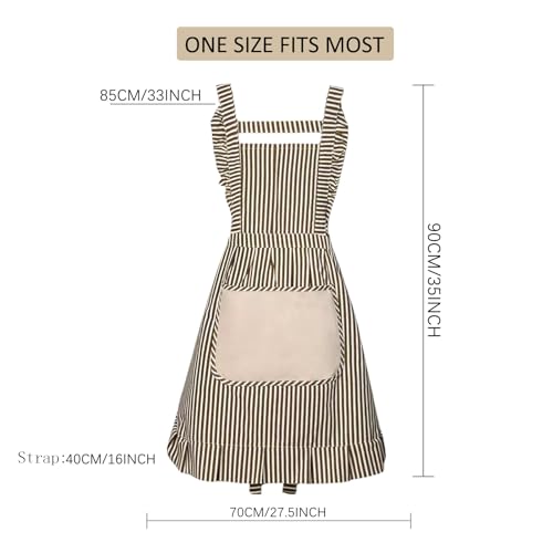 Cute Cotton Apron for Women, Adjustable Bib Cooking Kitchen Aprons with Pockets for BBQ Drawing Baking - color: Brown