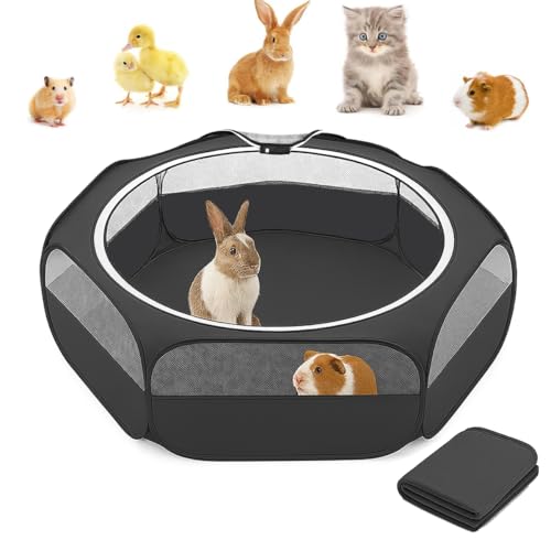 Amakunft 2 in 1 Small Animals Playpen with Pad Mat Rabbit Pop Up playpen Tent Portable Chick Brooder Box Indoor for Guinea Pig/Ferret/Chinchilla/Bearded Dragon/Kitten - color: Black with Pee Pad