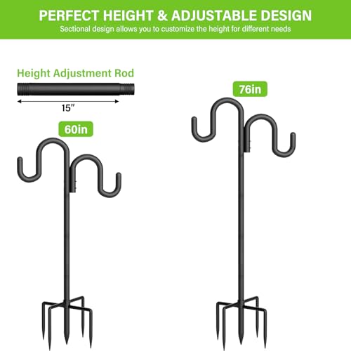 Double Shepherd Hook for Outdoor, 76" Heavy Duty Bird Feeder Pole with 5-Prong Base, Adjustable Thickened Shepherd Hook for Bird Feeder, Flower Baskets, Solar Lights, Lanterns, Black, 2 Pack - size: 76"