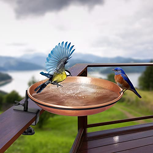 Monarch Abode Deck Mounted Bird Bath & Bird Feeder for Outdoors – Pure Copper Hand Hammered Birds Bath Bowl w/Detachable Iron Clamp, Birdfeeder and Birdbath for Outdoors Garden Backyard - style: Deck Mounted Bird Bath