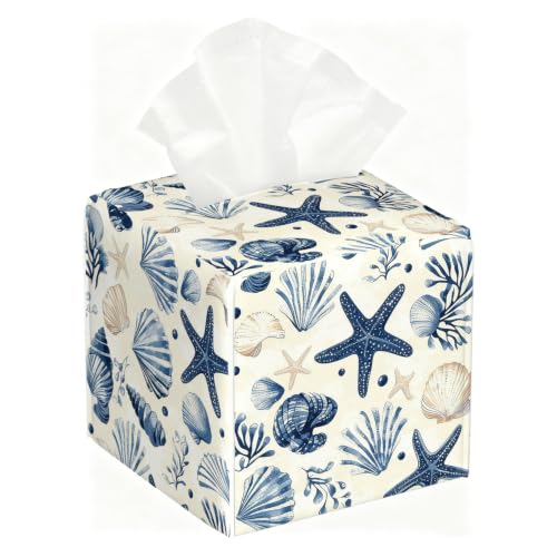 Watercolor Seashell Starfish Tissue Holder,Coastal Decor Gift | 5.2Inch Classic Coastal Nautical PU Tissue Box Cover,Decor Fits Bathroom,Bedroom,Beach House&Apartment,Coastal Holiday Gift - color: White Decoration Theme-12