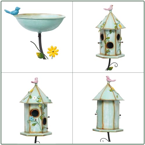 Bird Baths and Bird House with Pole,birdhouses for Outdoors，Metal Bird Bath | 56" H Bird Houses,Metal Bird Bath Bowl,Bird Bath with Stake,Garden Yard Decor
