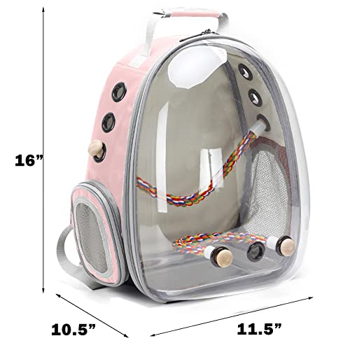 Bird Traval Carrier Cage, Clear Space Capsule Astronaut Backpack to Carry Parakeet Cockatiel Parrot with Metal Tray Bird Feeder and Wood Perch, Vet Transport Bag - color: Pink