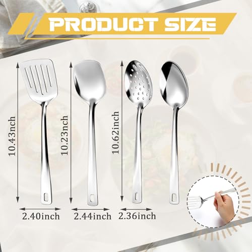 Zhehao 4 Pcs Stainless Steel Cooking Utensils Set Heat Resistant Stainless Steel Spatula Set, Include Slotted Turner Solid Turner Kitchen Skimmer Ladle Spoon with Long Handle, Dishwasher Safe, Silver