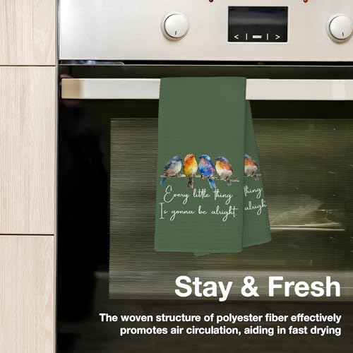 Every Little Thing is Gonna Be Alright Kitchen Towels 16x24 Inch, Sparrow Bird Gifts for Bird Lovers Women, Inspirational Quotes Tea Hand Towels(Green) - color: Green