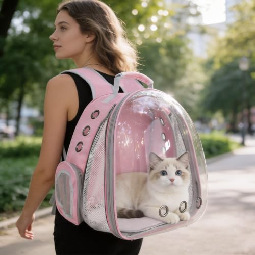 Cat Backpack Carrier, Front Expandable Expandable Bubble Pet Backpack, Ventilated Transparent Capsule Dog Backpack for Small Cats Dogs Birds Bunny, Airline Approved - color: Pink