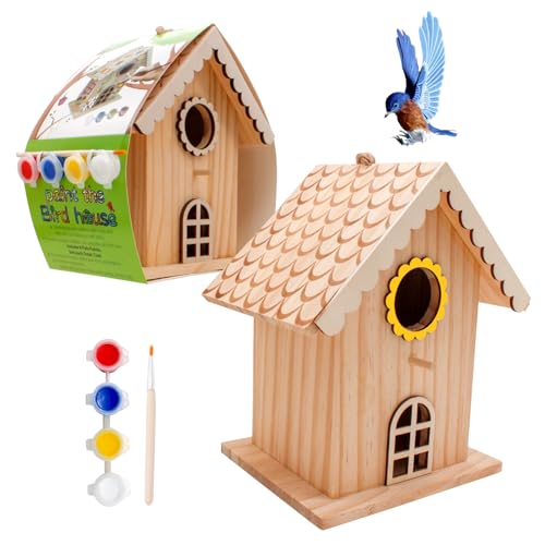 goldentime DIY Wooden Birdhouse Painting Kit, Bird House to Paint Set,Wood Arts and Crafts for Children, Paint Your Own Bird Houses Set,Includes Paints & Brushes - color: SPRING