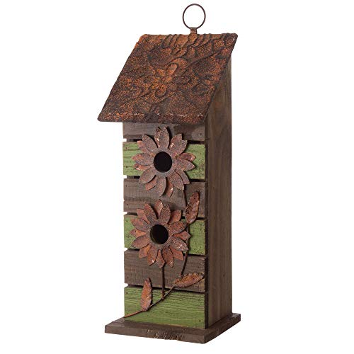 Glitzhome 14.5" H Wooden Bird House Hanging Two-Tiered Distressed with Flowers Decorative Garden Birdhouse,Green - color: 14.45"H