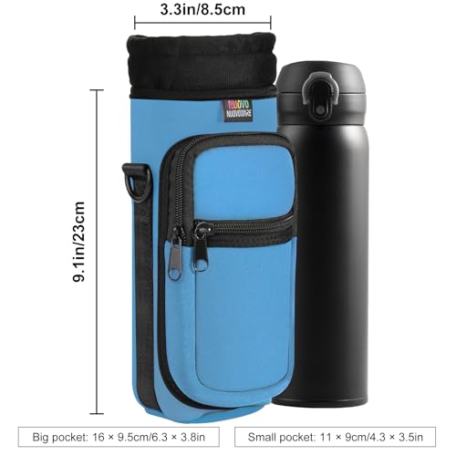 Nuovoware Water Bottle Carrier Bag, 25oz/32oz Bottle Pouch Holder, Adjustable Shoulder Hand Strap 2 Pocket Sling Neoprene Sleeve Sports Accessories for Hiking Travelling Camping, Azure Blue | Adjustable Shoulder Hand Strap, 2 Pocket, Neoprene Sleeve, For